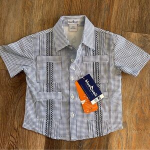 Blue Quail Guayabera Boys' White & Navy Check Short Sleeve UPF protection Shirt